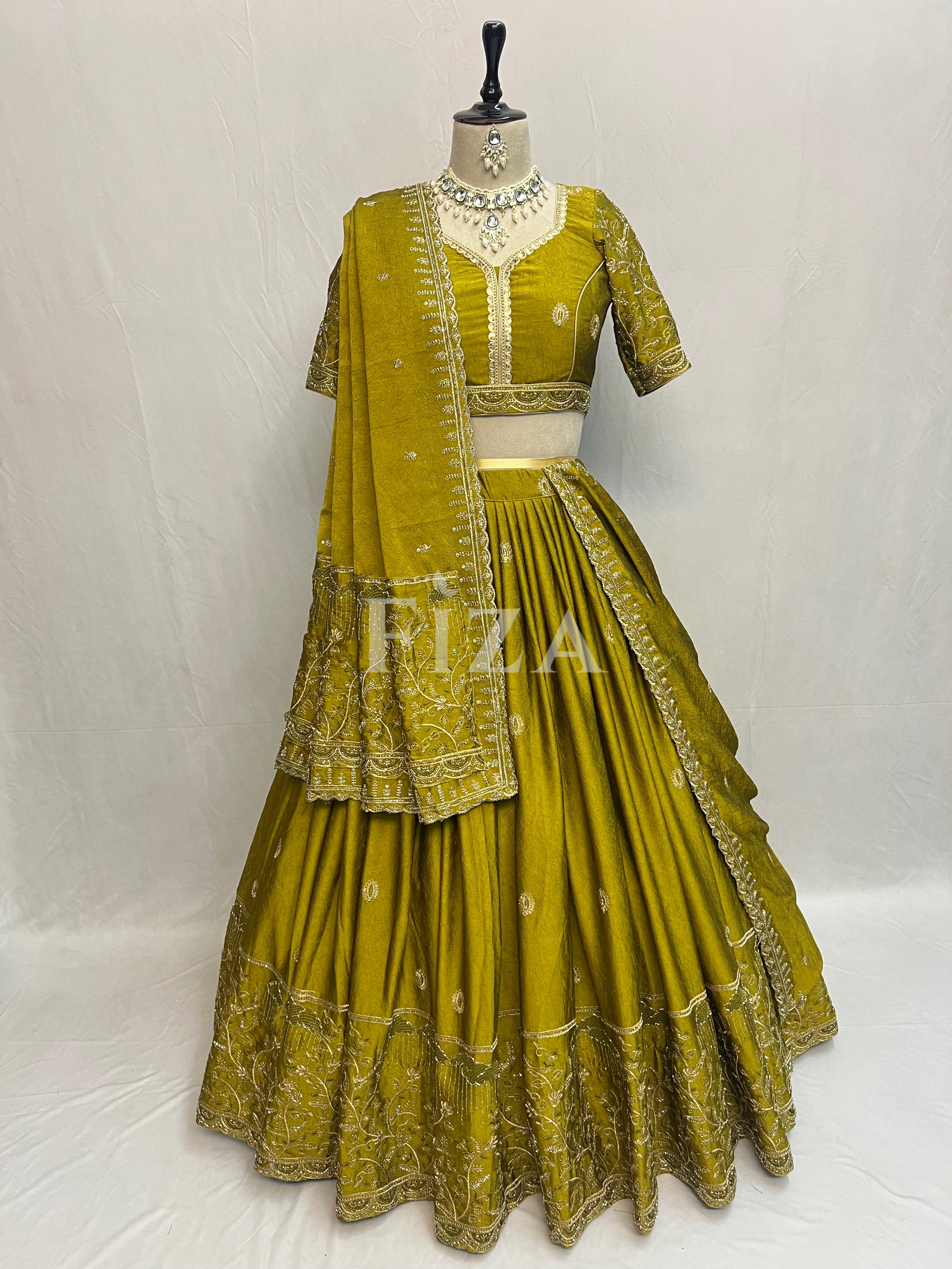 Olive Green Embroidered Silk Lehenga Choli Set