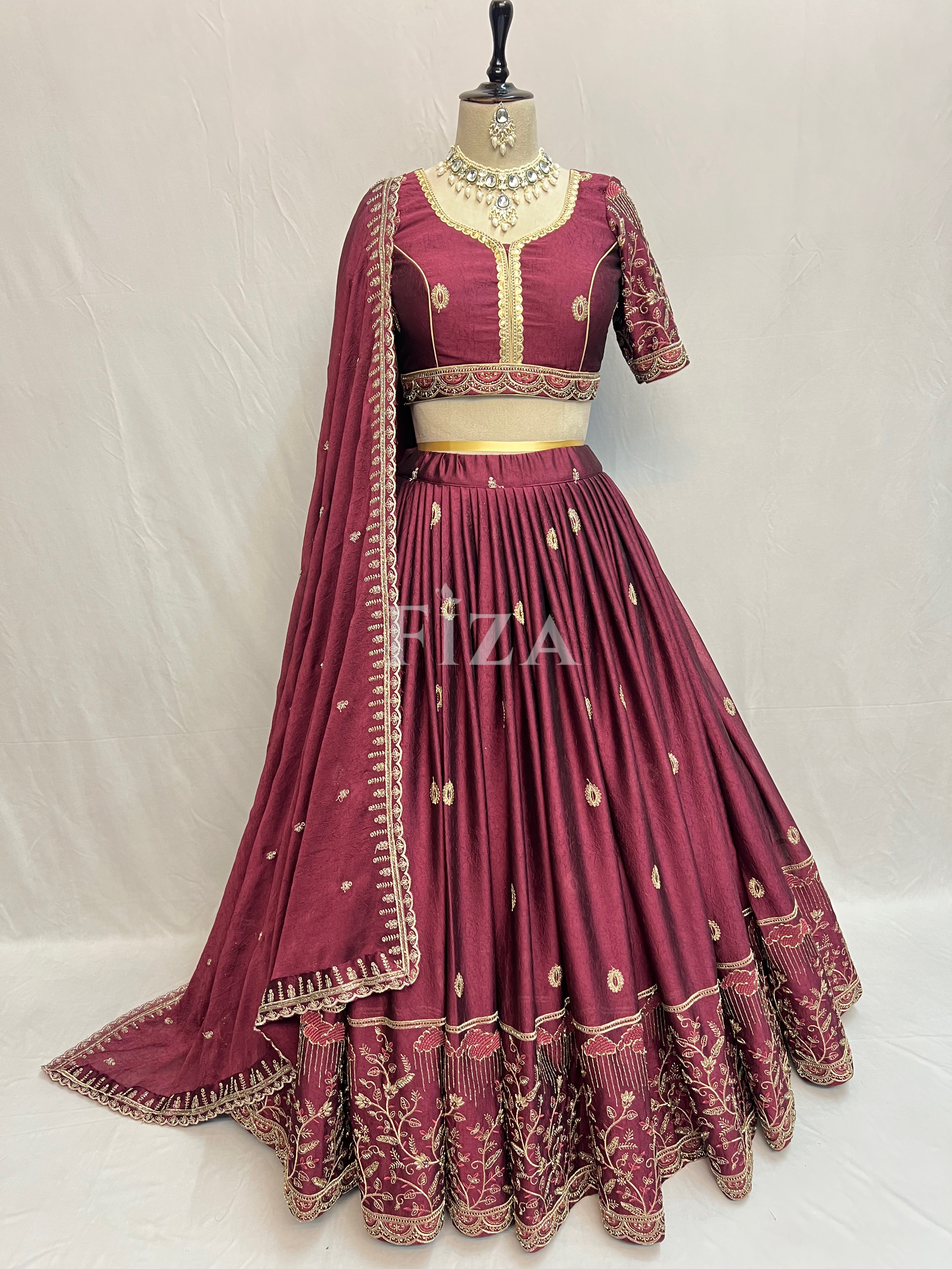 Elegant Wine-Burgundy Silk Lehenga Choli Set