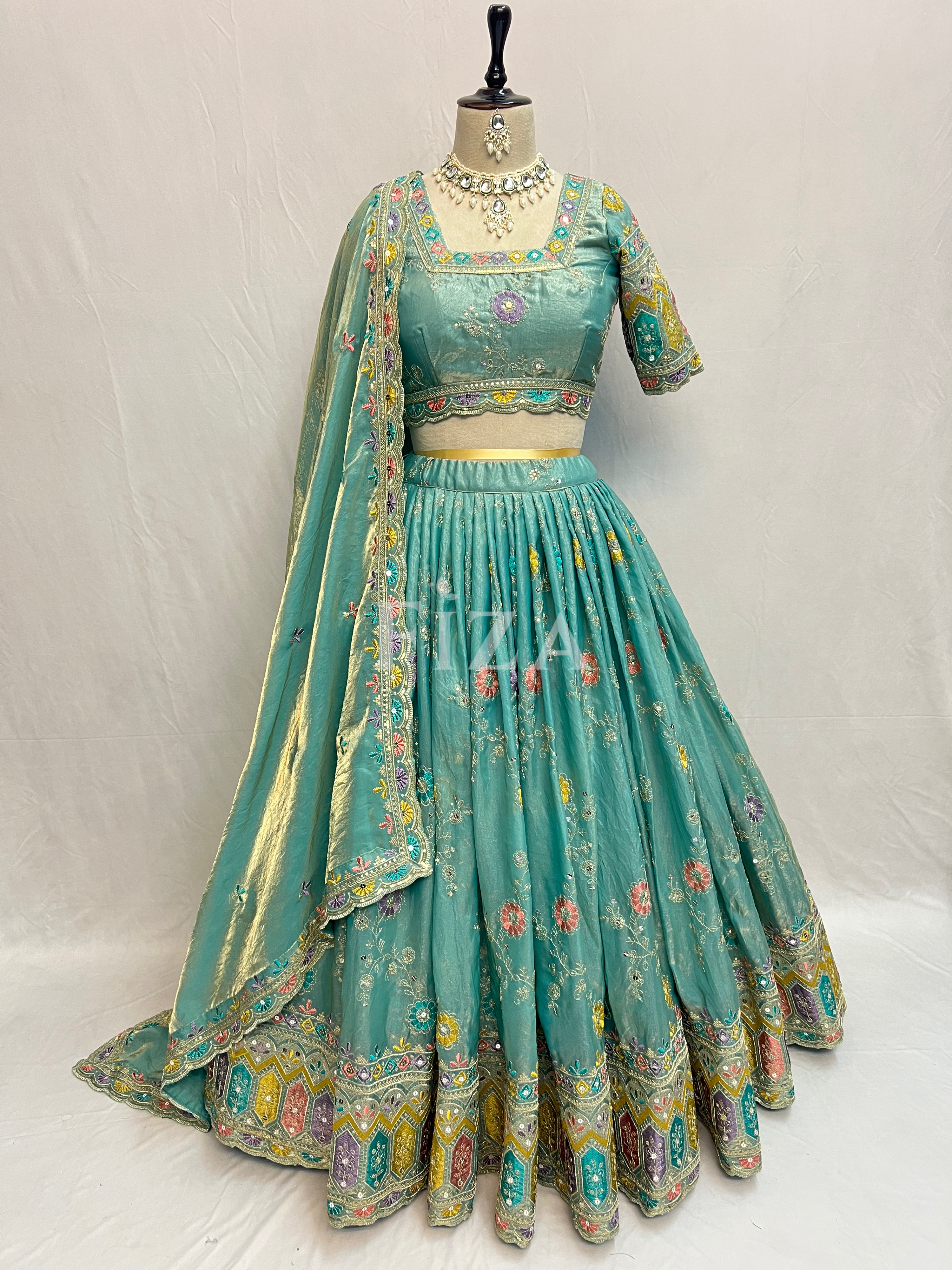 Sea Green Embroidered Silk Lehenga Choli Set