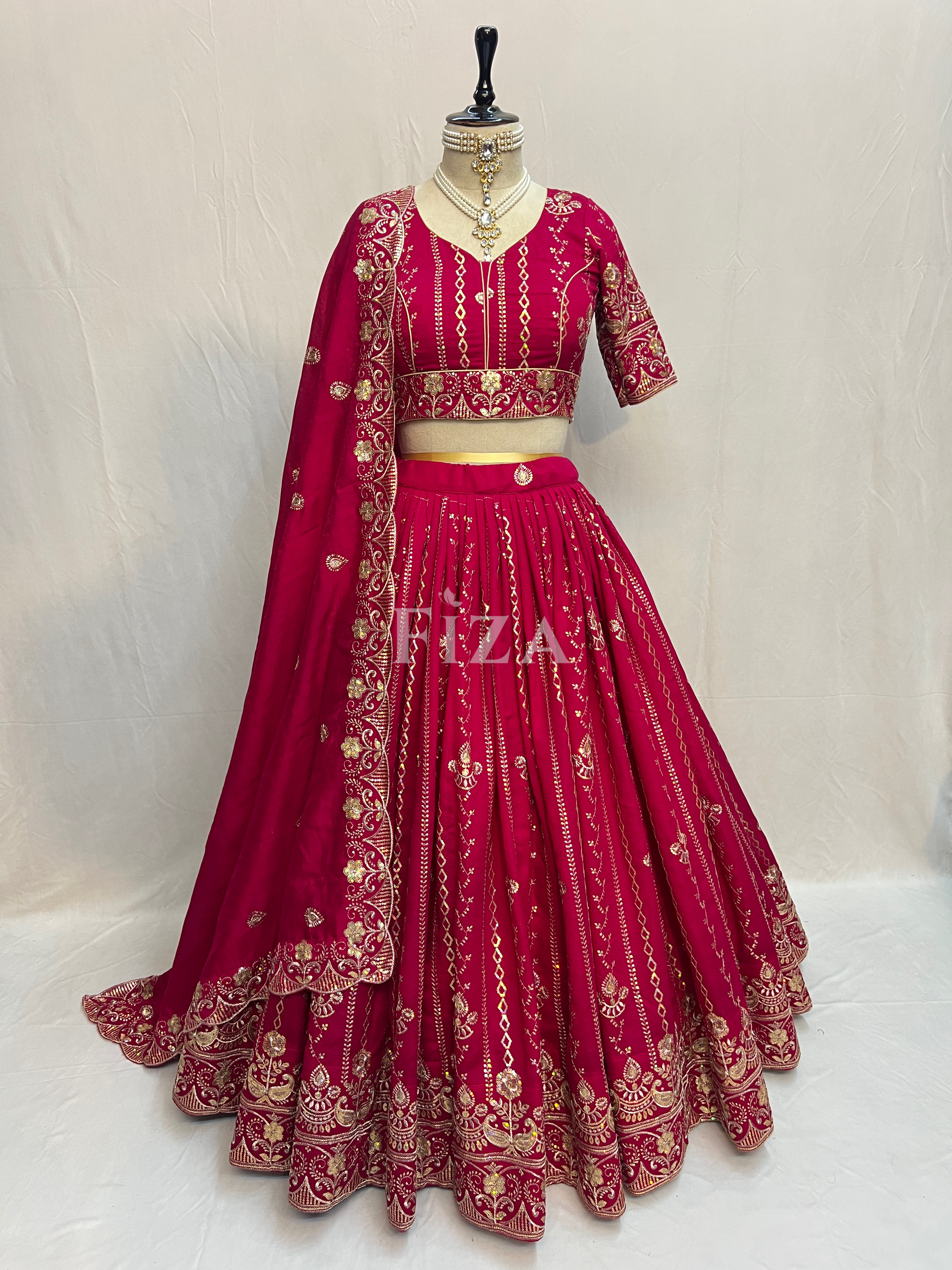 Crimson Elegance Embroidered Silk Lehenga Choli