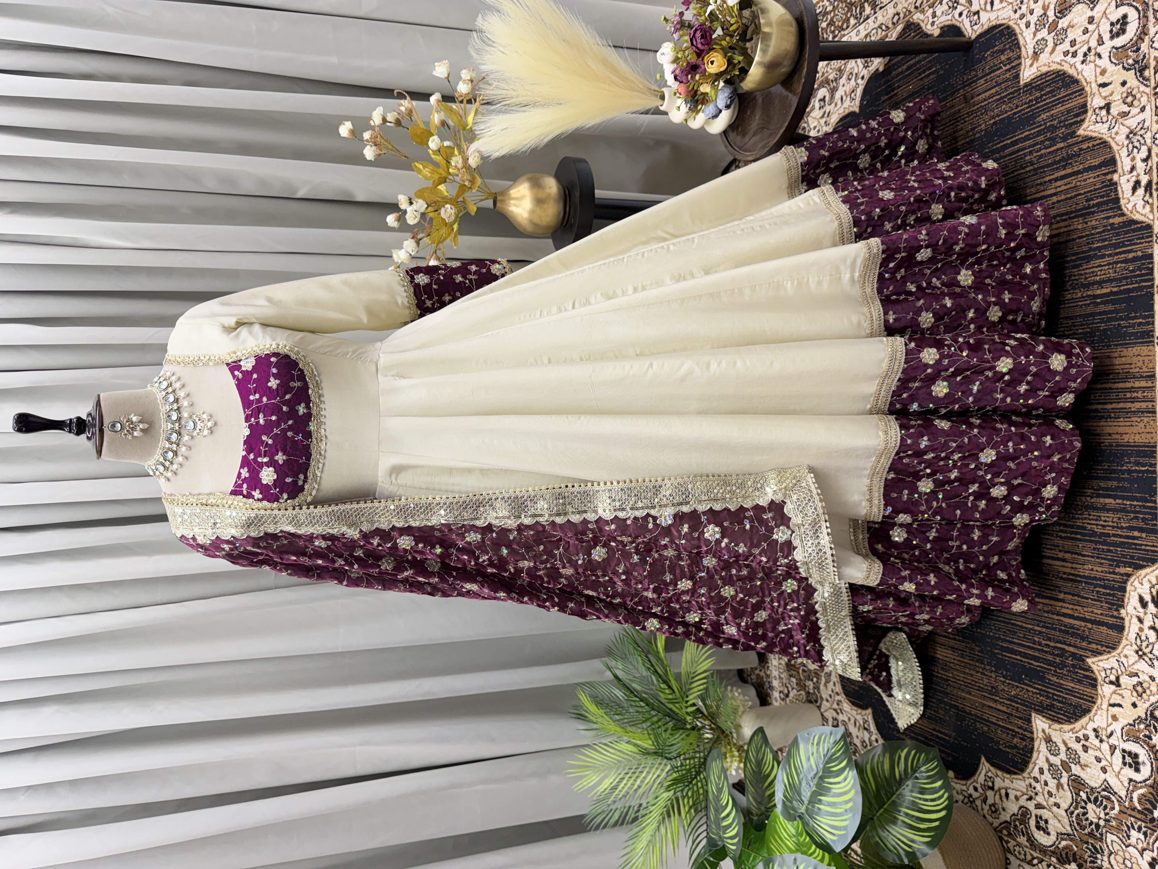 Ivory & Wine Embroidered One-Piece