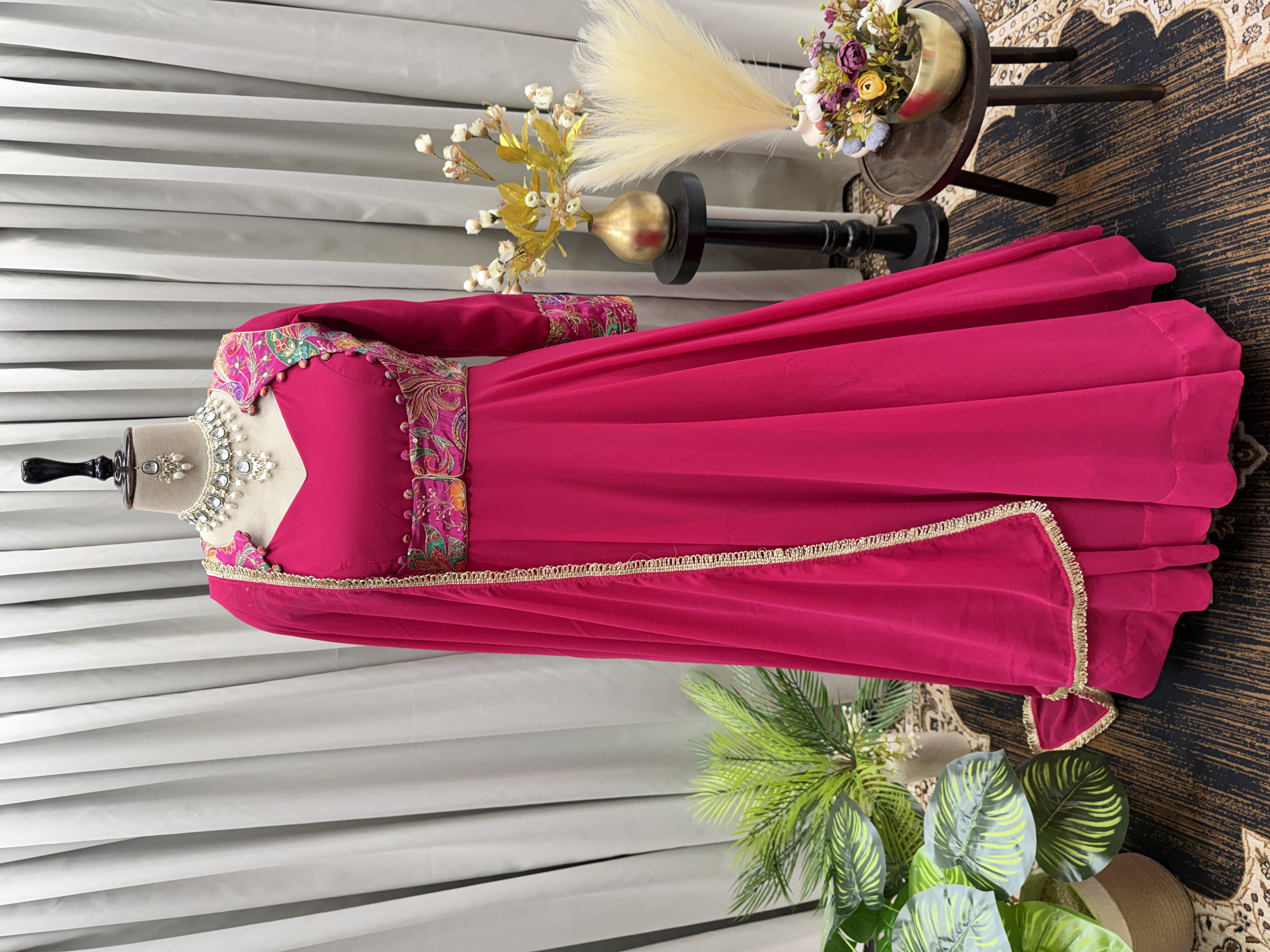 Rani Pink Georgette Anarkali Gown with Attached Embroidered Jacket Bodice & Dupatta Set