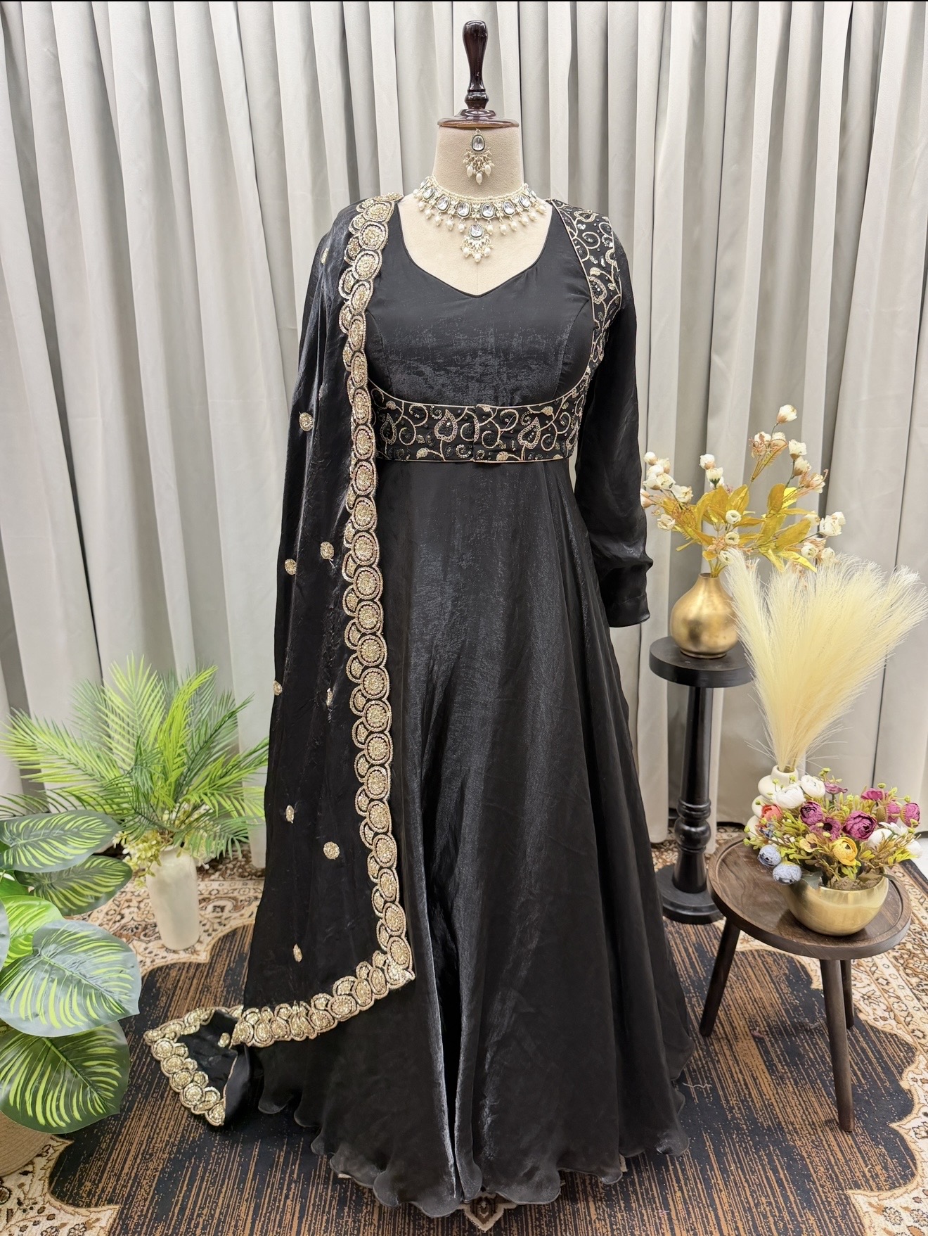 Midnight Black Georgette Anarkali Gown with Embroidered Jacket Bodice & Cutwork Dupatta Set